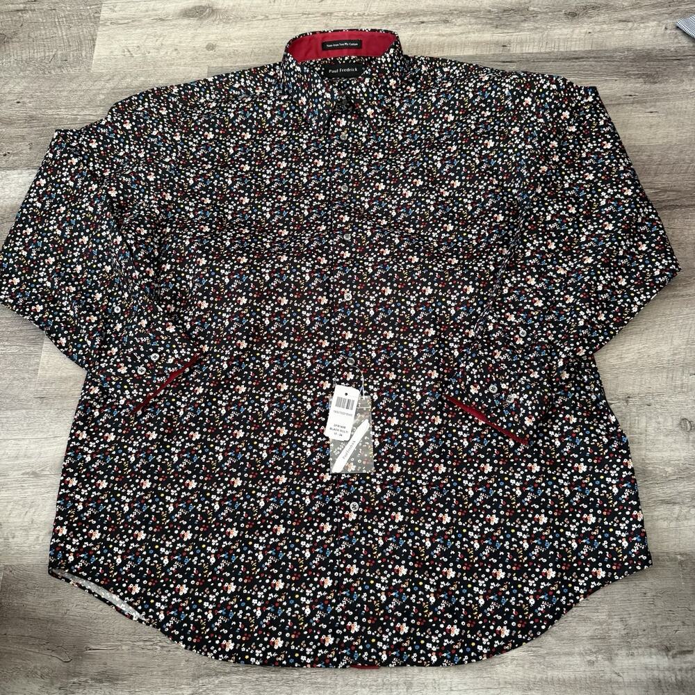 Paul Fredrick Classic Fit Non-Iron Two-Ply Cotton Shirt Mens 17x34 Black Floral